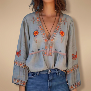 Blusa de Gasa Bohemia para Mujer con Cuello en V, Bordada, de Corte Holgado, con Mangas Campana y Estampado Floral, para Primavera/Verano - Product Image 3