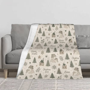 Couverture en flanelle de luxe douce et moelleuse en polyester avec motif de sapins et de lettres Joyeux Noël pour lit - Product Image 1