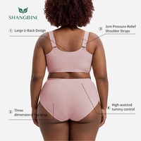 SHANGBINI Set Bra Tanpa Kawat Ukuran Besar dengan Kancing Depan Praktis, Celana Dalam High Rise Pembentuk Perut L-5XL
