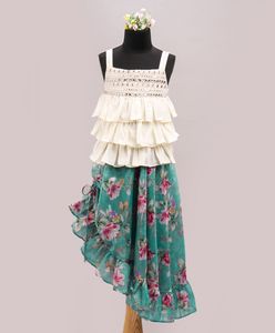 Conjunto de Falda Estampada y Top Bordado para Niñas, Blanco y Azul, Ropa Étnica para Fiestas Infantiles (0-6 Meses a 14 Años) - Product Image 1