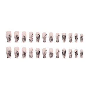 Faux ongles à presser carrés en ABS, motif écossais foncé, forme trapèze longue, finition givrée rose, pour salon de manucure - Product Image 5