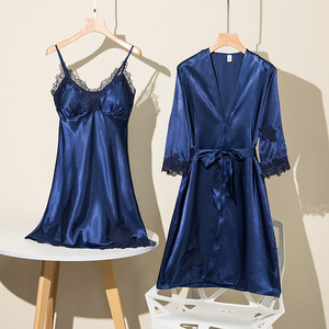 Conjunto de Albornoz liso suave para mujer, camisones de encaje sedoso con <span class=keywords><strong>bata</strong></span>, conjunto de ropa de dormir de satén para mujer, vestidos de noche para mujer, Conjunto de pijama - Product Image 3