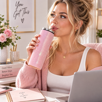 Gobelet à café droit de luxe personnalisé, 20 oz, en acier inoxydable à double paroi sous vide, avec paillettes et strass, avec couvercle à paille, pour cadeaux