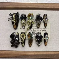 Faux ongles en acrylique faits à la main, effet papillon noir, longueur moyenne, couvrance totale, pour femmes