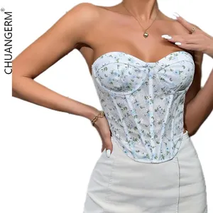 Chuangerm 2024 New Fashion Small Vest Sexy Street Low Cut Mesh Perspective Wrapped Chest Steel Ring Fishbone Corset Top