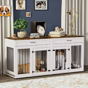 מודרני כלב עץ גדול מודרני עם דלתות כפול ו 2 מגשים כבדים סלון לחיות מחמד כלוב ל 2 כלבים - Product Image 4