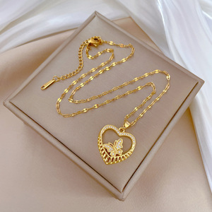 Collana con Ciondolo a Cuore e Farfalla in Acciaio Inossidabile con Zirconi per Donne, Catena per Clavicola, Gioielli Romantici (NL122) - Product Image 4