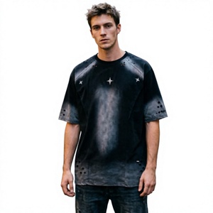 Camiseta Oversize de Hombre de Manga Corta con Estampado Tie-Dye de Estrellas y Pedrería, de Algodón Tejido, Estilo Urbano, Cuello Redondo, Corte Largo - Product Image 4