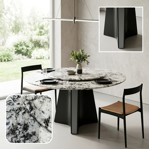 Tavolo da Pranzo Rotondo in Marmo Naturale Snow Mountain Flying Fox con Vassoio Girevole, Emana Stile Moderno e Lussuoso per la Casa - Product Image 2