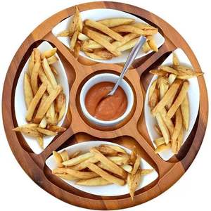 Wooden French Fry <b>Tray</b> Round Divided <b>Snack</b> Serving Platter For Food Residential Use - Product Image 1