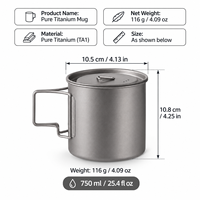 Grande tasse de cuisson en titane pur de 750 ml avec couvercle - Mug multifonctionnel pour la randonnée en plein air - Équipement de survie OEM/ODM