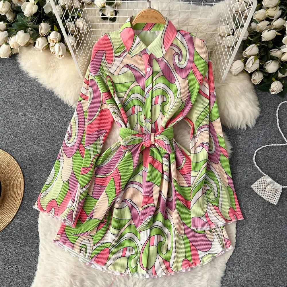 2023 Summer New Vintage Green Floral Digital Print Women'S Casual Dress Cardigan Long Sleeve Shirts Dresses