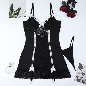 Ensemble de lingerie sexy en dentelle brodée transparente, comprenant une mini-robe à bretelles et un soutien-gorge deux pièces - Product Image 6