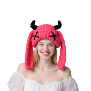 Purely Handmade Cute Little <strong>Devil</strong> <strong>Horn</strong> Hood Big Rabbit Ears Warm Knitted Hat for Neutral Sweet Cool Winter-for Beach Scenes - Product Image 5