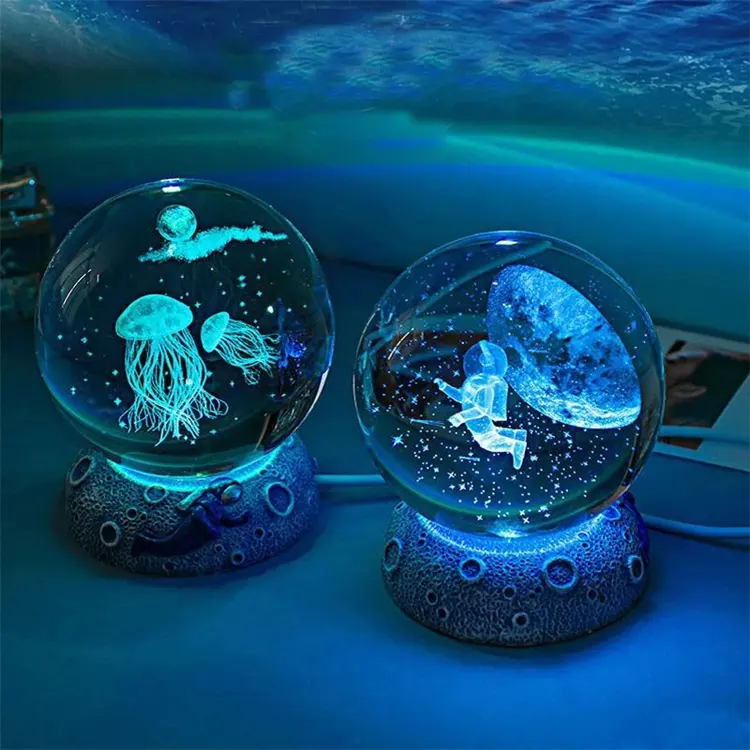 Boule de cristal créative, Globe de planète en cristal 3D, système solaire gravé au Laser, boule avec interrupteur tactile, Base de lumière LED