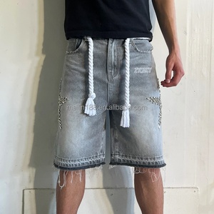 Custom Crystal Rhinestone Design Summer Wear Denim <b>Shorts</b> Heavyweight Vintage Acid Wash Baggy Denim Jeans <b>Shorts</b> - Product Image 2