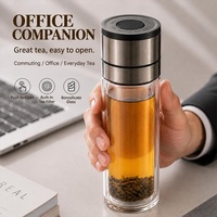 Bouteille à infuseur à thé en verre borosilicate à double paroi avec filtre en acier inoxydable et couvercle à bouton poussoir avec logo personnalisé