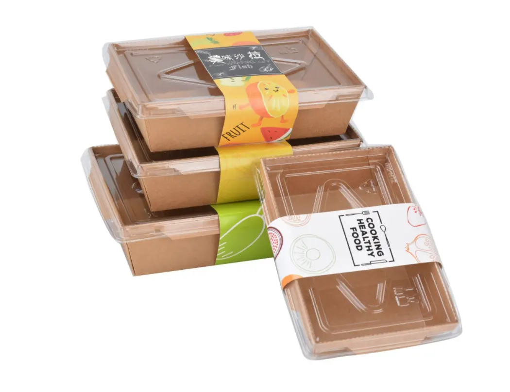 PTPACK одноразовая упаковка для пищевых продуктов, коробка для салата из крафт-бумаги с прозрачным противотуманным окном для домашних животных для суши и салата