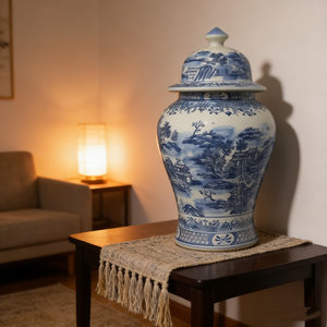 <span class=keywords><strong>Vaso</strong></span> da pavimento in ceramica grande, alto 60 <span class=keywords><strong>cm</strong></span>, blu e bianco, con coperchio, con decorazioni orientali di paesaggi. - Product Image 5