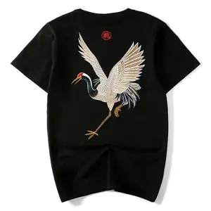 High quality t shirt custom label 100% cotton embroidered sukajan black t-shirt men oversize custom embroidery tshirts for men