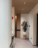 Meuble d'entrée minimaliste pleine hauteur avec compartiments ouverts et éclairage LED