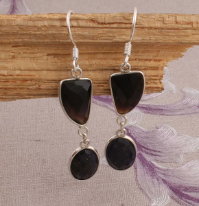 Onyx noir et Lapis Lazuli solide 925 en argent Sterling fait à la main ensemble de lunette en argent deux boucles d'oreilles en pierre pour mariage - Product Image 3