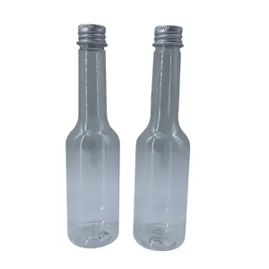 Garrafa longa de suco de plástico transparente, garrafa de vinho de grau alimentar para animais de estimação, 100ml com parafuso de alumínio