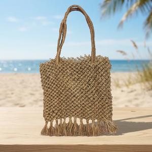 Handwoven Solid Color Jute Tote <b>Bag</b> with Open Closure Crochet <b>Net</b> Design and Tassel Handles for Beach Travel Shopping - Product Image 6
