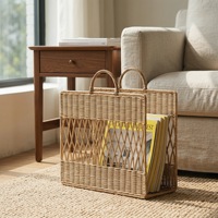 Panier de rangement en rotin tressé à la main, portable, pour livres, magazines, journaux, avec poignée