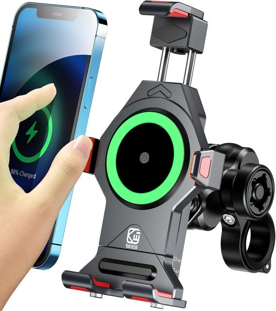 Aluminum Alloy Motorcycle Phone Mount with Qi15W Wireless Charger Waterproof Anti-Theft Motorcycle Handlebar Cellphone Holder
