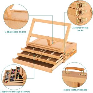 Caja de madera con tres cajones para pinceles, caballete de dibujo, almacenamiento portátil para materiales de pintura - Product Image 4