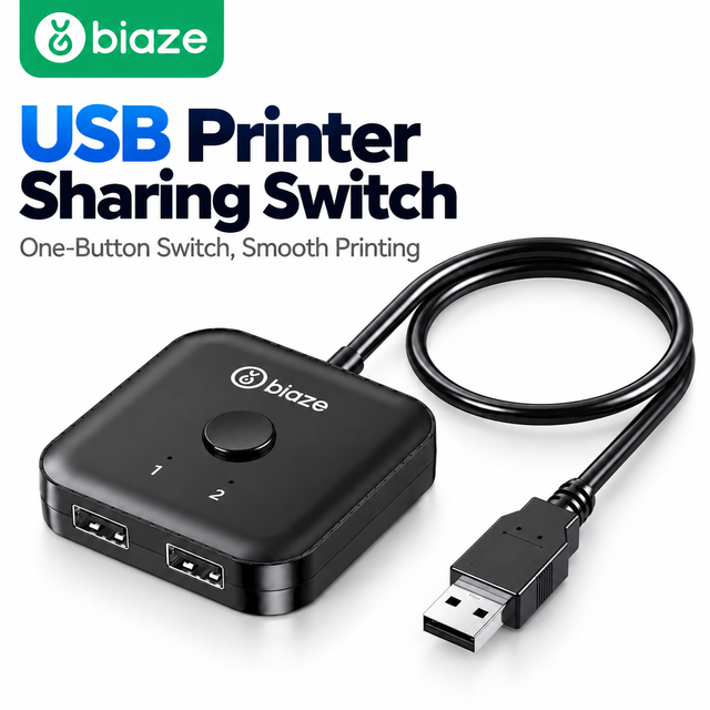 Biaze USB Sharing Switch for 2 Computers Share 1 USB Device (Printer/Scanner/Peripheral) One Button Switching Plug & Play