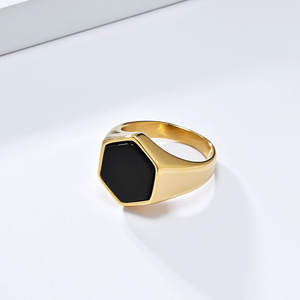 Geometric Hexagonal Black Stone <b>Titanium</b> Steel <b>Ring</b> Unisex Jewelry Gift - Product Image 3