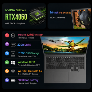 Ordinateur portable de jeu 16 pouces, 13e génération I9, RTX4060, RAM 16 Go DDR5, Win11, SSD 512 Go, métal, vente en gros, Hfbook16/i9 +RTX4060 - Product Image 6