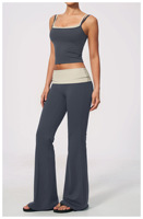 Ensemble de yoga 2 pièces pour femme, color block, avec débardeur court à double bretelle et pantalon de yoga évasé à taille repliée, doux et extensible, tenue de sport et fitness