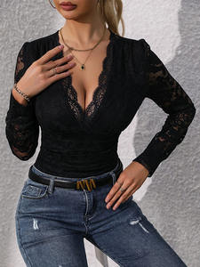 Nuova <span class=keywords><strong>tutina</strong></span> da donna in <span class=keywords><strong>pizzo</strong></span> con collo a V manica lunga nera stile Casual tessuto traspirante abbigliamento da donna - Product Image 6