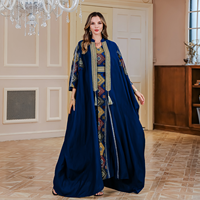 Ensemble Abaya pour femmes musulmanes, 2 pièces, kimono ouvert + robe imprimée, broderie dorée de luxe, pompon, kaftan islamique, robe de soirée Dubaï