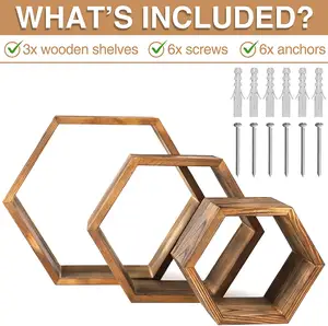 Dekorasi dinding segi enam rak mengambang 3-pak rak dinding dekoratif rak geometris kayu pinus