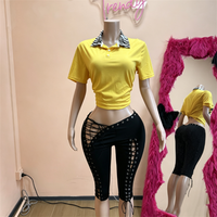 Ensemble deux pièces tendance Jiubaju : short à lacets et haut court ajusté à col carré imprimé rayé pour femme, avec ceintures et short en similicuir PU