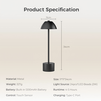 Lámpara de Mesa LED Recargable por USB, Moderna, Táctil, para Interiores y Exteriores, con Pantalla Cónica, para Dormitorios, Hogares, Restaurantes, Bares, Inalámbrica
