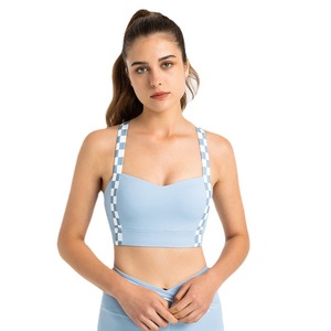 Sports Bra For Women Scoop Neck Shockproof Supportive Fitness Workout Top Black Checkered Straps - Product Image 5
