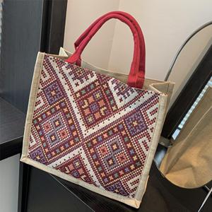 Sacola das mulheres de linho de grande capacidade com diamante padrão portátil moda estilo casual para estudantes sair bolsa de ombro - Product Image 1