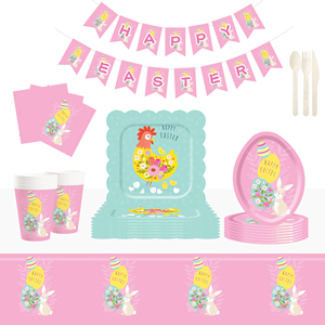 DAMAI Nuevo Diseño con Temática de Pascua, con Conejo y Pollo, Juego de Vajilla Desechable de Papel para Fiestas de Cumpleaños, Platos, Servilletas y Vasos para Pascua - Product Image 1