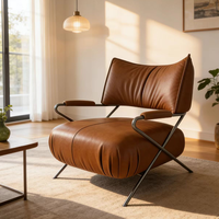 Fauteuil de lecture moderne en cuir marron, écologique, capitonné, avec accoudoir unique, structure métallique, inclinable, pour la maison, le bureau, la bibliothèque