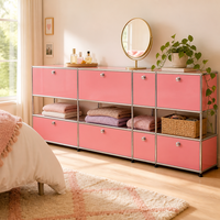 Buffet Modulaire Contemporain Rose en Métal à Quatre Compartiments, Meuble de Rangement Chromé pour Disques Vinyles, Écologique