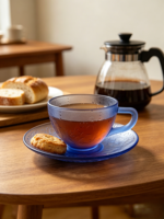 Bol et assiette en verre soufflé artisanal, bleu givré, art populaire fait main
