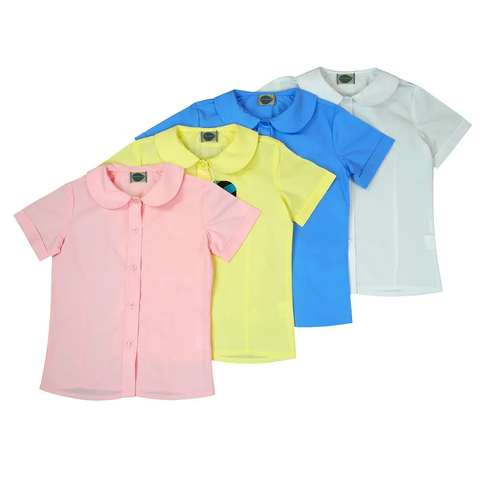 Aangepaste Hoge Kwaliteit Kids School Uniform Shirts Meisje Korte Mouw Blouse Peter Pan Kraag Blouse