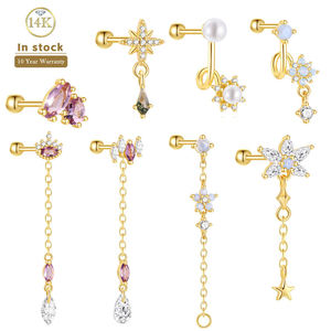 Boucles d'oreilles pendantes personnalisées Lotus en or massif 14 carats avec diamants, filetage interne, bijoux fins pour piercing, vente en gros - Product Image 1