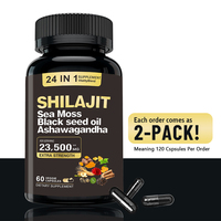 Shilajit 24 en 1 Capsules, Mousse de mer, Huile de nigelle, Ashwagandha pour Hommes et Femmes, Énergie et Endurance, Marque privée, OEM, ODM, Vente en gros