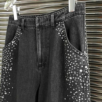 DiZNEW Jeans skinny élastique taille moyenne, décontracté, incrustations de briques, jean slim de grande taille avec bouton en dentelle et nœud à pampilles